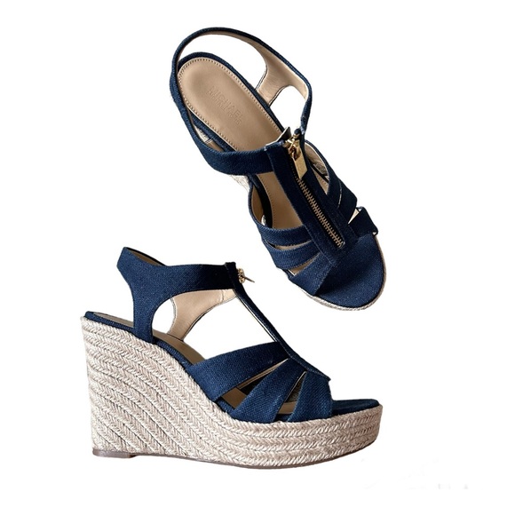 MICHAEL Michael Kors Shoes - Michael Michael Kors Berkeley Blue Canvas Front Zip Espadrille Wedge Sandals 8M